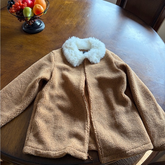 Denim&Co Teddy Coat in tan brown with White Faux Fur Collar - Picture 2 of 3